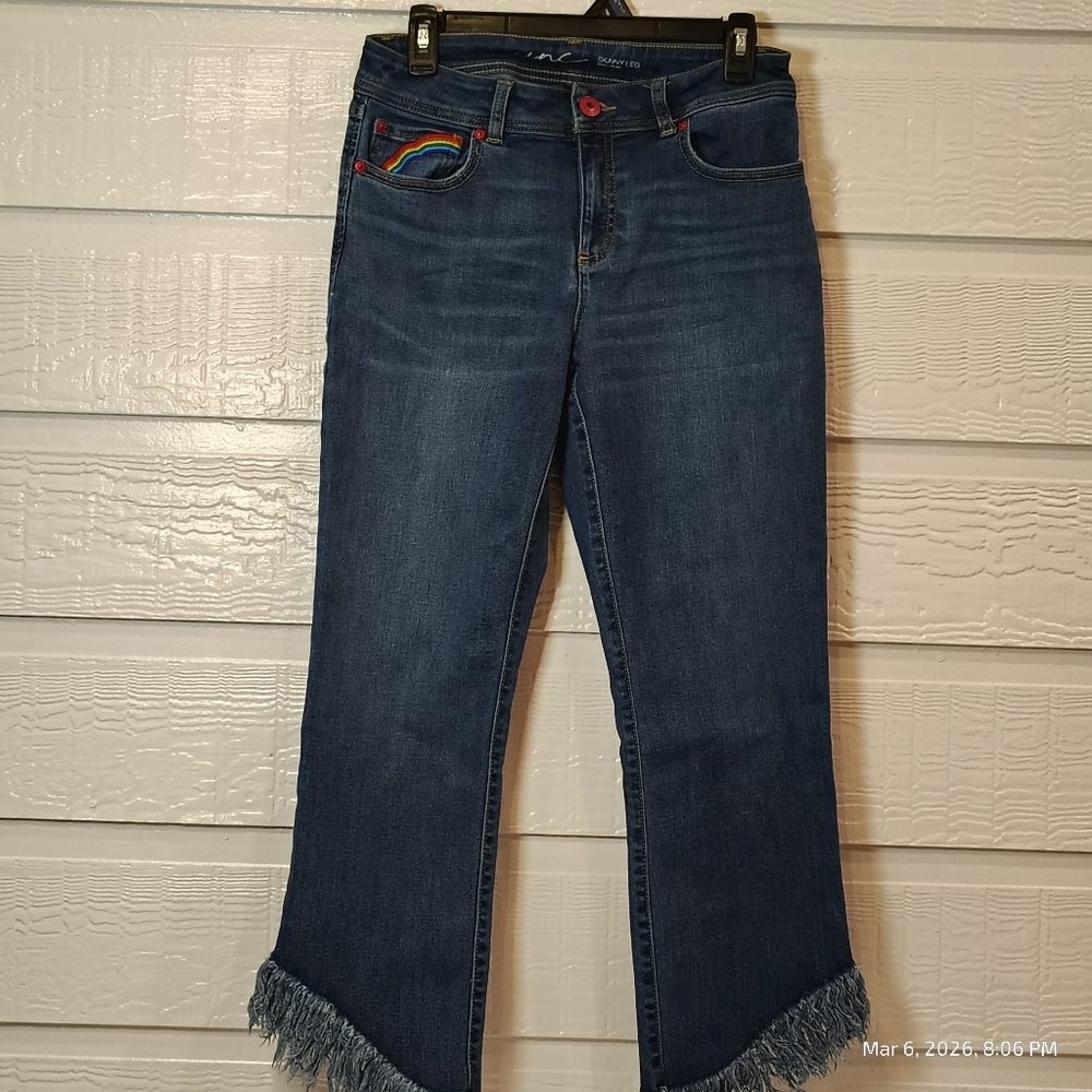 INC Rainbow Fringe Cropped Skinny Jeans Indigo Denim Women's Size 6 RAW HEM - Picture 2 of 9